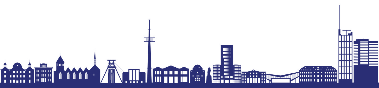 Man erkennt eine Illustration der Skyline von der Stadt Essen.