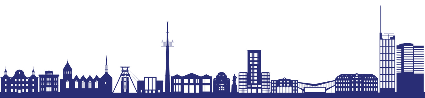Man erkennt eine Illustration der Skyline von der Stadt Essen.